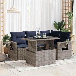 Salon de jardin 5 pcs avec coussins gris r&eacute;sine tress&eacute;e acacia