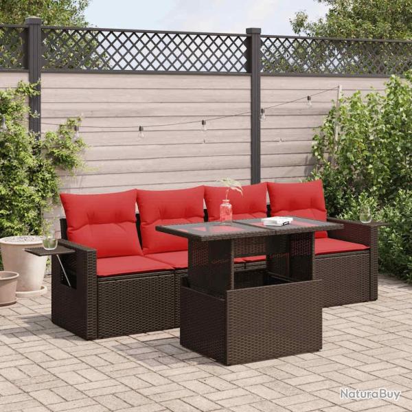 Salon de jardin 5 pcs avec coussins marron r�sine tress�e acacia