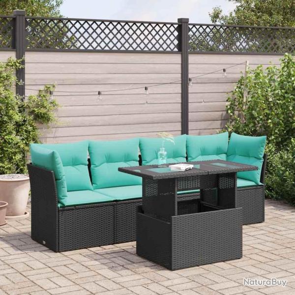 Salon de jardin 5 pcs avec coussins noir r�sine tress�e acacia