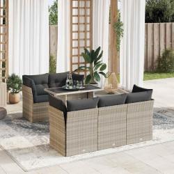 Salon de jardin 6 pcs avec coussins gris clair r&eacute;sine tress&eacute;e