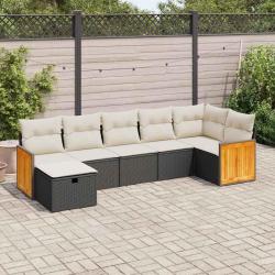 Salon de jardin 7 pcs avec coussins noir r&eacute;sine tress&eacute;e