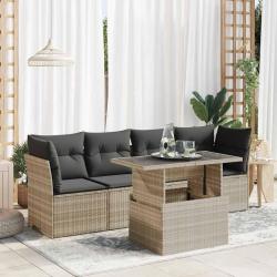 Salon de jardin 5 pcs avec coussins gris clair r&eacute;sine tress&eacute;e