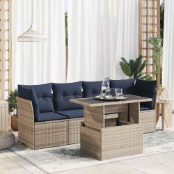 Salon de jardin 5 pcs avec coussins gris r&eacute;sine tress&eacute;e acacia