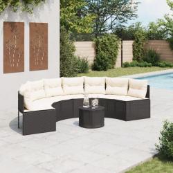 Canap&eacute; de jardin table coussins demi-rond noir r&eacute;sine tress&eacute;e