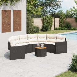 Canap&eacute; de jardin table coussins demi-rond noir r&eacute;sine tress&eacute;e