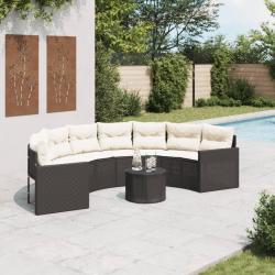 Canap&eacute; de jardin table coussins demi-rond noir r&eacute;sine tress&eacute;e