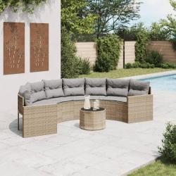 Canap&eacute; de jardin table coussins demi-rond beige r&eacute;sine tress&eacute;e
