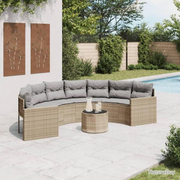 Canap� de jardin table coussins demi-rond beige r�sine tress�e