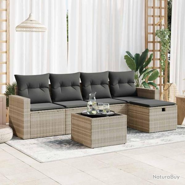 Salon de jardin 6 pcs avec coussins gris clair r�sine tress�e