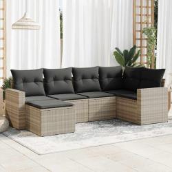 Salon de jardin 6 pcs avec coussins gris clair r&eacute;sine tress&eacute;e