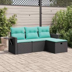 Salon de jardin 4 pcs avec coussins noir r&eacute;sine tress&eacute;e