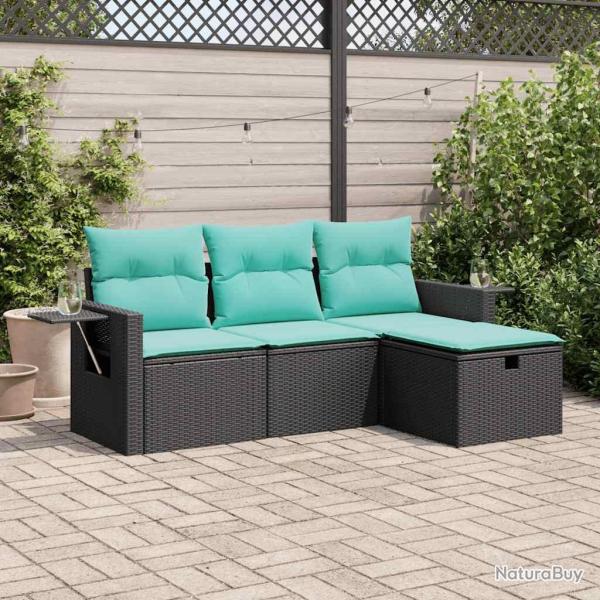 Salon de jardin 4 pcs avec coussins noir r�sine tress�e