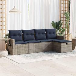Salon de jardin 5 pcs avec coussins gris r&eacute;sine tress&eacute;e