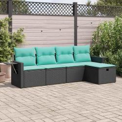 Salon de jardin 5 pcs avec coussins noir r&eacute;sine tress&eacute;e