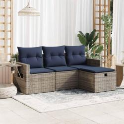 Salon de jardin 4 pcs avec coussins gris r&eacute;sine tress&eacute;e