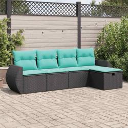 Salon de jardin 5 pcs avec coussins noir r&eacute;sine tress&eacute;e