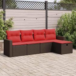 Salon de jardin avec coussins 5 pcs marron r&eacute;sine tress&eacute;e
