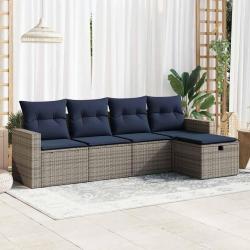Salon de jardin 5 pcs avec coussins gris r&eacute;sine tress&eacute;e