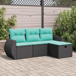 Salon de jardin 4 pcs avec coussins noir r&eacute;sine tress&eacute;e