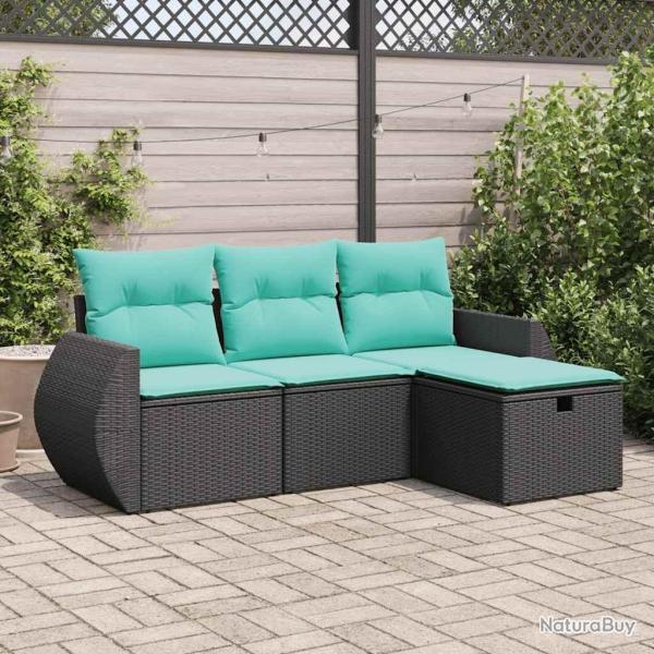 Salon de jardin 4 pcs avec coussins noir r�sine tress�e