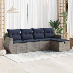 Salon de jardin 5 pcs avec coussins gris r&eacute;sine tress&eacute;e
