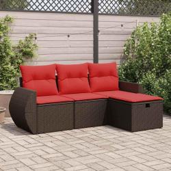 Salon de jardin 4 pcs avec coussins marron r&eacute;sine tress&eacute;e
