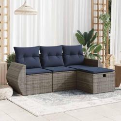 Salon de jardin 4 pcs avec coussins gris r&eacute;sine tress&eacute;e
