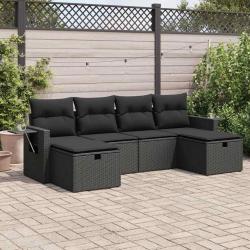 Salon de jardin 6 pcs avec coussins noir r&eacute;sine tress&eacute;e