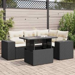 Salon de jardin 5 pcs avec coussins noir r&eacute;sine tress&eacute;e