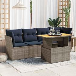 Salon de jardin 5 pcs avec coussins gris r&eacute;sine tress&eacute;e
