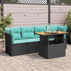 Salon de jardin 5 pcs avec coussins noir r&eacute;sine tress&eacute;e