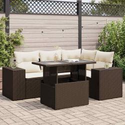 Salon de jardin avec coussins 5 pcs marron r&eacute;sine tress&eacute;e