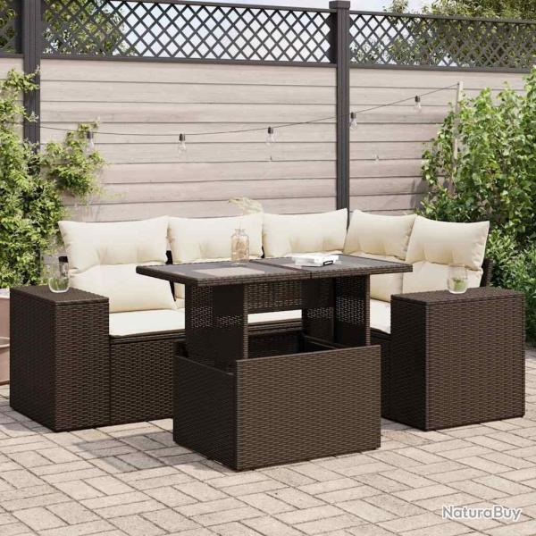 Salon de jardin avec coussins 5 pcs marron r�sine tress�e