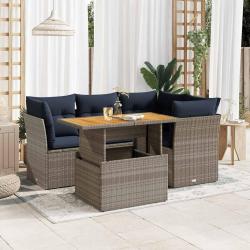 Salon de jardin 5 pcs avec coussins gris r&eacute;sine tress&eacute;e
