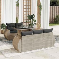 Salon de jardin 6 pcs avec coussins gris clair r&eacute;sine tress&eacute;e