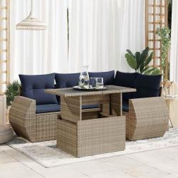 Salon de jardin 5 pcs avec coussins gris r&eacute;sine tress&eacute;e acacia