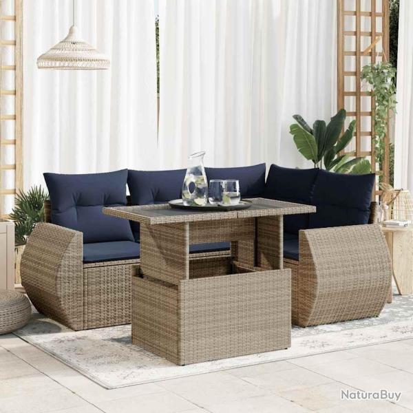 Salon de jardin 5 pcs avec coussins gris r�sine tress�e acacia