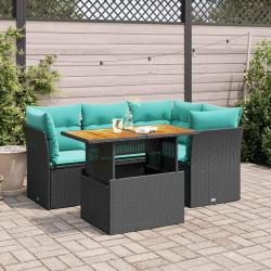 Salon de jardin 5 pcs avec coussins noir r&eacute;sine tress&eacute;e