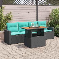 Salon de jardin 5 pcs avec coussins noir r&eacute;sine tress&eacute;e