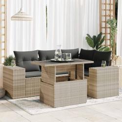 Salon de jardin 5 pcs avec coussins gris clair r&eacute;sine tress&eacute;e