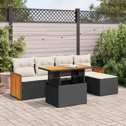 Salon de jardin 6 pcs avec coussins noir r&eacute;sine tress&eacute;e acacia