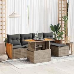 Salon de jardin avec coussins 6 pcs gris r&eacute;sine tress&eacute;e acacia