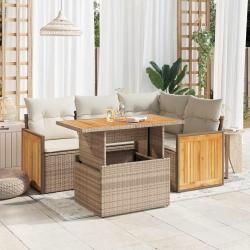 Salon de jardin avec coussins 5 pcs beige r&eacute;sine tress&eacute;e acacia