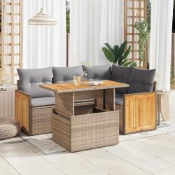 Salon de jardin avec coussins 5 pcs beige r&eacute;sine tress&eacute;e acacia