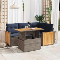 Salon de jardin 5 pcs avec coussins gris r&eacute;sine tress&eacute;e acacia