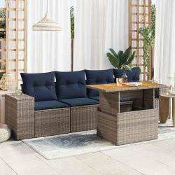 Salon de jardin 5 pcs avec coussins gris r&eacute;sine tress&eacute;e