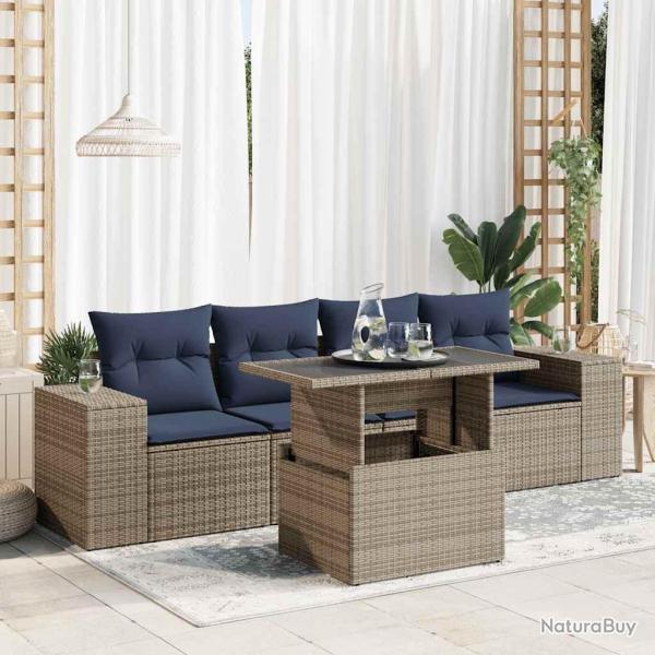 Salon de jardin 5 pcs avec coussins gris r�sine tress�e acacia