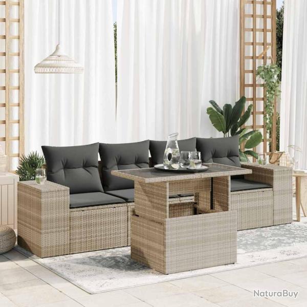 Salon de jardin 5 pcs avec coussins gris clair r�sine tress�e