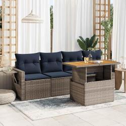 Salon de jardin 5 pcs avec coussins gris r&eacute;sine tress&eacute;e