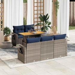 Salon de jardin 6 pcs avec coussins gris r&eacute;sine tress&eacute;e